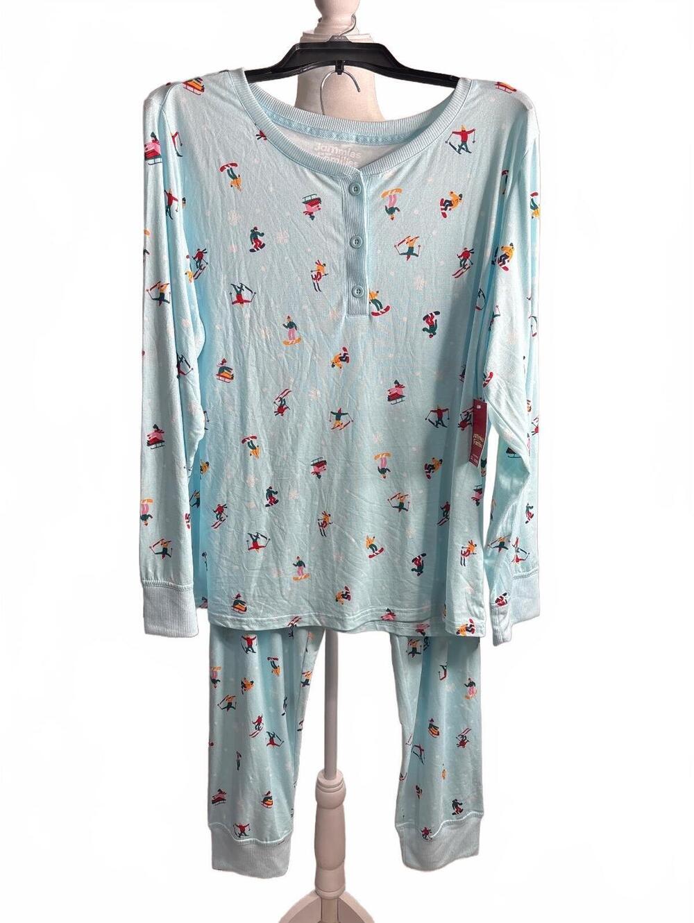 Jammies For Your Families Women's XXL Light Blue Ski Print 2-Piece Sleep Set